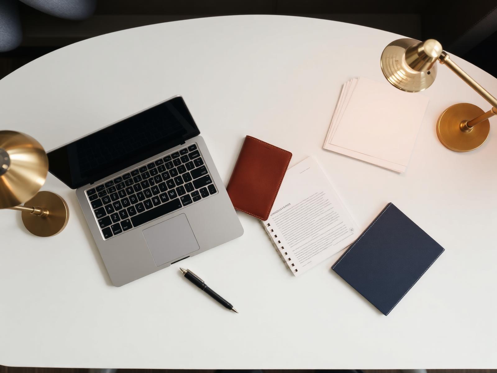 A tidy workspace with a laptop, notebook, and warm natural light